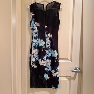 Elie Tahari Black and Blue Floral Midi Dress